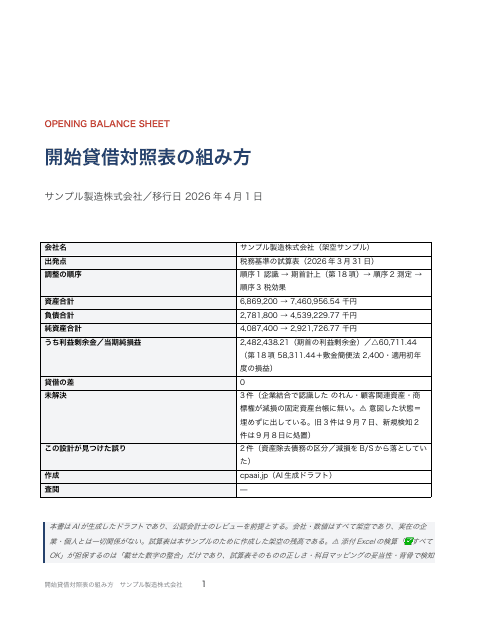 会計基準移行 開始貸借対照表の組み方 サンプル製造の1枚目