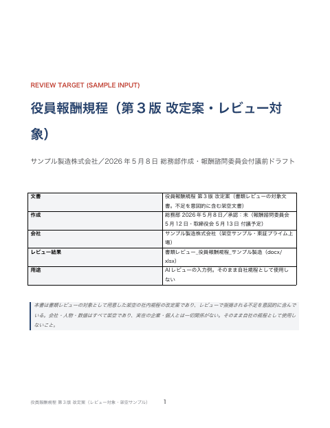 レビュー対象の役員報酬規程 改定案(レビュー前の入力)の1枚目