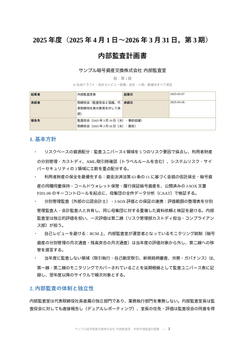 年度内部監査計画書(暗号資産交換業・2025年度)の1枚目