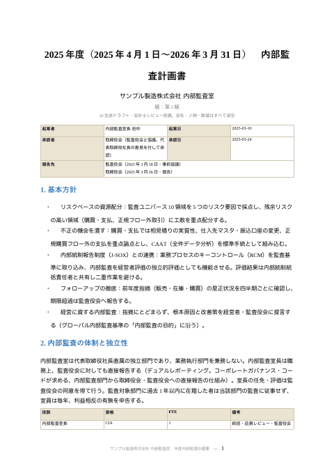 年度内部監査計画書(リスク評価と資源配分)の1枚目
