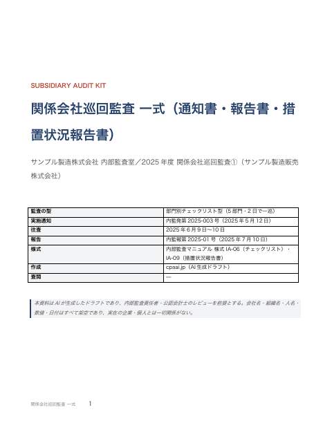 関係会社巡回監査 一式(通知書・報告書・措置状況報告書)の1枚目