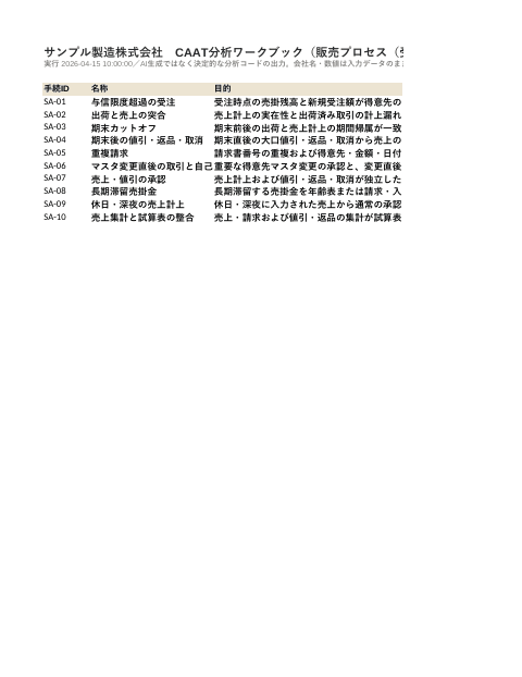 CAAT分析ワークブック — 販売プロセス(与信・出荷・計上・入金)の1枚目