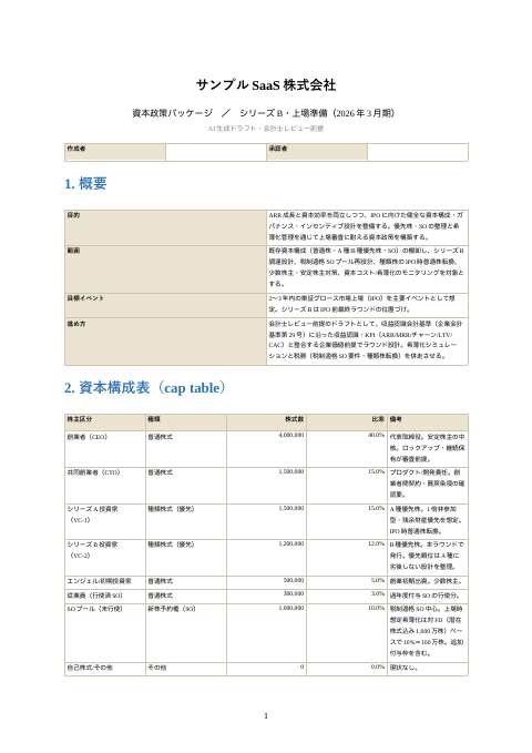 資本政策 方針書 の1ページ目（サンプル）
