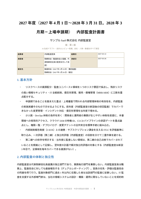 年度内部監査計画書 2027年度・上場申請期 の1ページ目（サンプル）