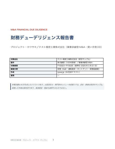 財務DD報告書 の1ページ目(サンプル)